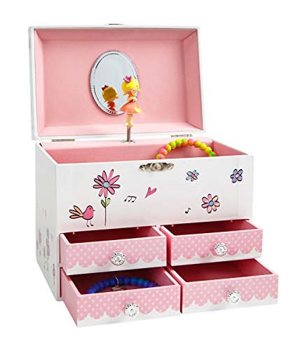 Jewelkeeper - Musikalisches Großes Schmuckkästchen für Mädchen mit 4 ausziehbaren Schubladen, Vögel und Blumen Design - Spieluhr mit Der Walzer der Blumen Lied, Ideales Geschenke für Mädchen