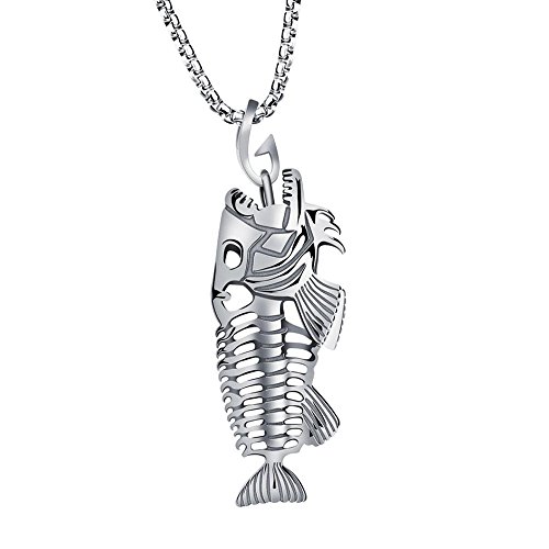 Yowablo Halskette Fischknochen & Angelhaken Skelett Edelstahl Anhänger Surfer Kette (Silber)