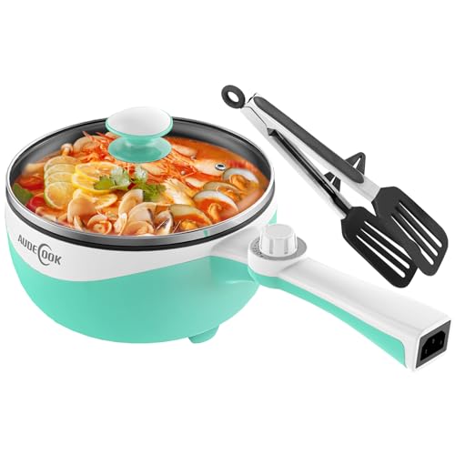 Audecook Elektrische Hot Pot, 1.7 L/20cm Tragbare Elektrischer Bratpfanne Hotpot Topf Antihaft Mini Elektropfanne, Multikocher für Wohnheim Ramen, Steak (E (grün/1,7 l ohne Dampfgarer))