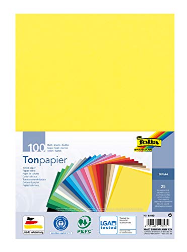 folia 6499 - Tonpapier Mix, DIN A4, 130 g/m², 100 Blatt sortiert in 25 Farben, zum Basteln und kreativen Gestalten von Karten, Fensterbildern und für Scrapbooking, Bunt
