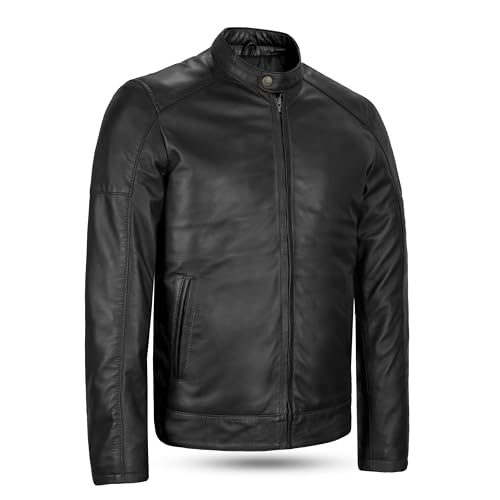 Leatherick Herren Premium Nappa Schafsleder Cafe Racer Schwarze Bikerjacke (DE/NL/SE/PL, Alphanumerisch, 3XL, Regular, Regular, Jacket Black Leo)