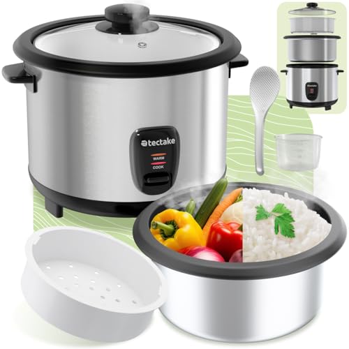 tectake® Reiskocher, Rice Cooker, Steamer Pot, Reis Maker mit Dampfgarer Einsatz, Topf, Kochtopf für Küche, großes Volumen 1,8 l, bis zu zehn Portionen Klebereis, Vollkornreis oder Sushireis