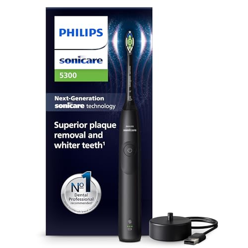 Philips Sonicare 5300 elektrische Zahnbürste, Schallzahnbürste mit 2 Intensitätsstufen, Andruckkontrolle, EasyStart, Smartimer und BrushPacer, Schwarz, Modell HX7101/01 [Neue Technologie]