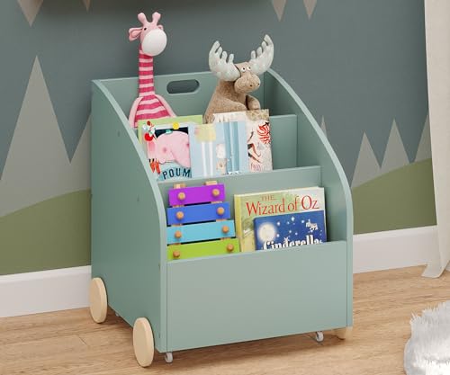 Bellabino Bücherregal für Kinder Towy mit Rollen, Kinderregal mit 3 Fächern für Bücher, Spielzeug Aufbewahrung mit Geheimfach, mintgrün/Natur