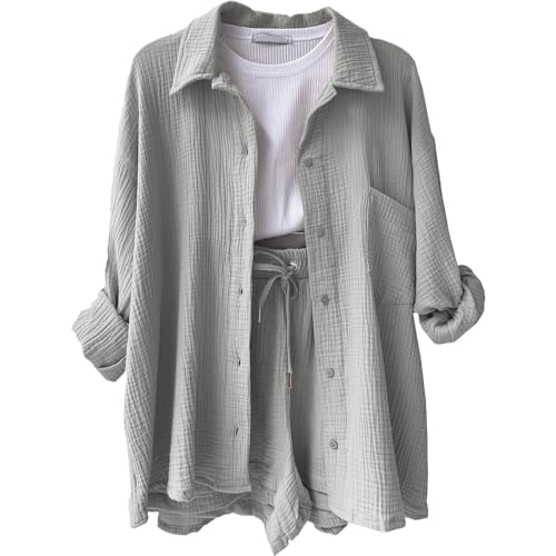 Fitness Outfit Damen Set Lounge 2 Teiler Gym Summer Clothes Baumwolle Bekleidung Zweiteiler Musselin Shorts Sommer Oversize Shirt（2-Light Gray,M）