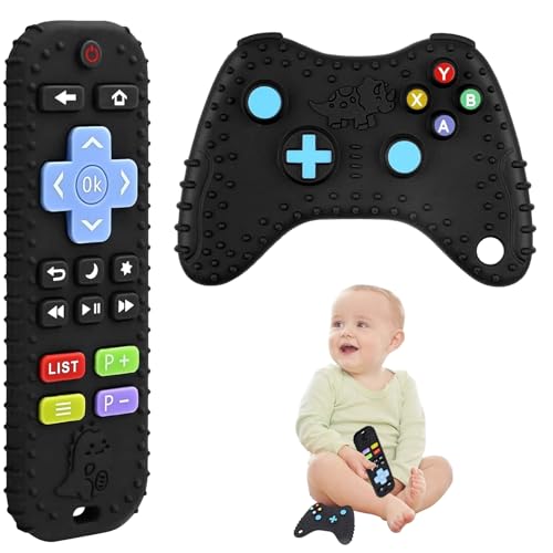 Fernbedienung Baby, 2 Stück Kinder Fernbedienung, Silikon Baby Fernbedienung Spielzeug, BPA-Frei, Fernbedienung + Modellierung der Spielkonsole Geeignet für Babys ab 3 Monaten(Schwarz)
