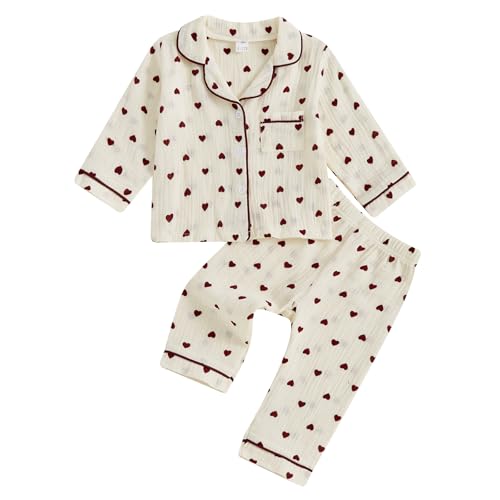 Qianderer Schlafanzug für Kleinkinder, Baby, Jungen, Mädchen, Valentinstag, Herzdruck, langärmelig, Shirt und elastische Hose für Loungewear, Nachtwäsche, Ba Weinrot, 18-24 Months