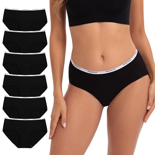 INNERSY Slip Damen Baumwolle Unterhosen Schwarz Taillenslip Frauen Hipster Panties Sport 6 Pack (S, Schwarz)