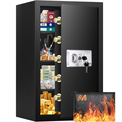 Mejasg 105L Extra Großer Safe Tresor Feuerfest mit Feuerfeste Dokumententasche&3 Herausnehmbares Regal, Robuster Möbeltresor mit Alarmanlage, Schranktresor für Zuhause Bargeld Medikamente A4 Dokumente