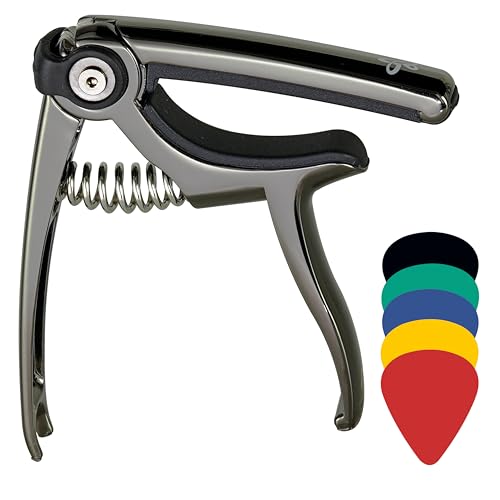 Sondery Gitarren kapodaster 4 in 1 für 6-saitige Akustik- und E-Gitarren, 5 Gitarren plektren und eine beiliegende Tasche