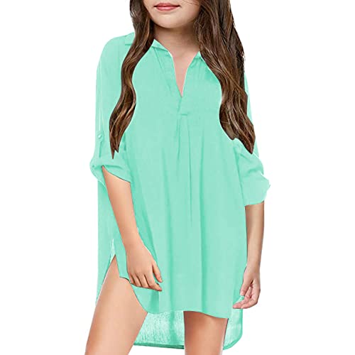Kleine Mädchen Kinder Badeanzug Strand Cover Up für Mädchen Chiffon Shirt Bikini Beachwear Badeanzug Strandkleid Schwimmen Coverup Kleine Ärmel (Mintgrün, 12-13 Jahre)