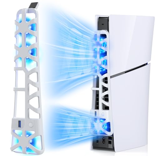 FASTSNAIL LED Lüfter für PS5 Slim Konsole, Leiser Kühler mit Speicherfunktion, Zubehör mit 3 Lüftern & USB 3.0 Port kompatibel mit Playstation5 Slim Digital & Discs Edition（Weiß）