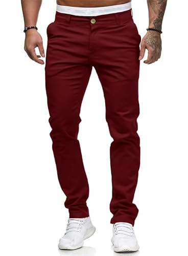 HUNGSON Herren Skinny Slim Fit Casual Jeans Dyeing Stretch Straight Fashion Denim Hose, Weinrot, 50