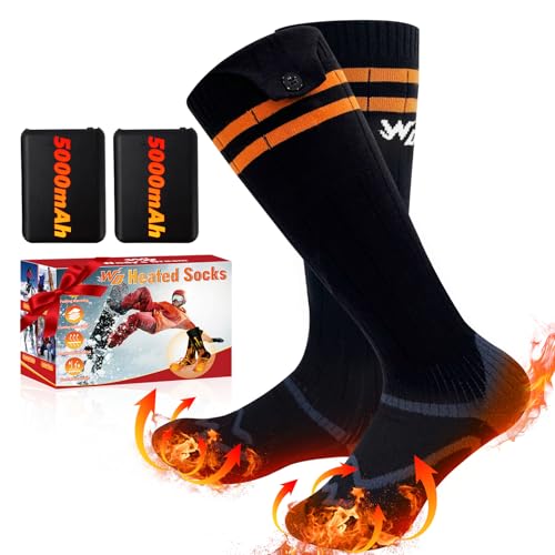 Beheizte Socken, 2024 neueste wiederaufladbare beheizte Socken, 5000mAh extra große Batterie Lange Lebensdauer bis zu 65°C große Heizfläche, geeignet für Outdoor Skifahren Winter Camping Wandern