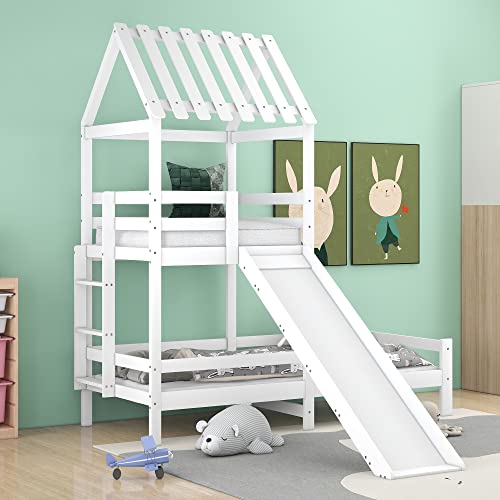 Kinder-Hochbett mit Rutsche & Dach - Spieleparadies & sicherer Schlafbereich in coolem Baumhausdesign