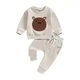 Carolilly Baby Anzug 2 Stück Kleidung Outfit Babykleidung Set Niedlich Langarm Sweatshirt Gestickter Bär+Lange Hose Warmer Kinderanzug Herbst Frühling (Aprikose, 0-6 Monate)