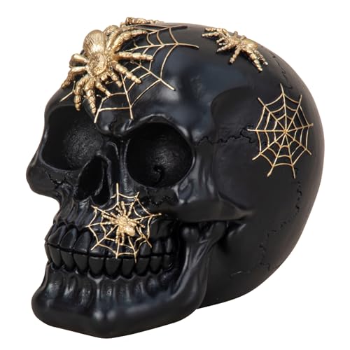 damaloo Totenkopf Deko schwarz mit Spinnen - Totenschädel Dark Romance - Skelett Schädel - Gruseldeko - Skull - Tag der Toten Skulptur - Gruselige Halloween Dekoration - Steampunk Gothic Skeleton