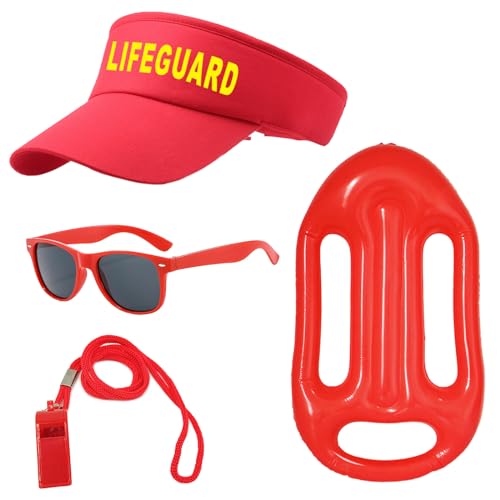 UILYNIU 4 Stück Lifeguard Fasching Kostüm Herren Damen, Lifeguard Visor Cap Sonnenbrille Sportpfeifen Boje Rettungsring, Bademeister Kostüm für Rettungsschwimmer Erwachsener Halloween Karneval (Rot)