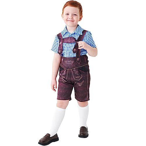 Odizli Kinder Jungen Kurzarm Gingham Hemd Trachtenhemd + Kurz Trachtenhosen + Trachtensocken Stockerpoint 3tlg Outfit Oktoberfest Halloween Karneval Cosplay Kostüm Blau 2-4 Jahre