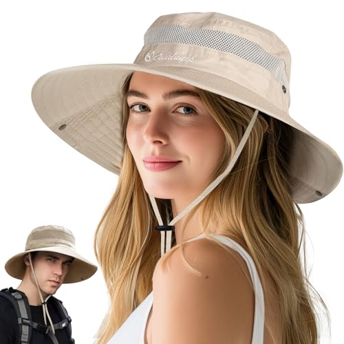 FLEERNIO Beige Sonnenhut Damen und Herren, Gipfelfreund Sonnenhut Damen Faltbar Sonnenhut Damen UV Schutz 50 Sommerhut Damen, Sonnenhüte für Damen Wanderhut Safari Hut Fischerhut Tropenhut Angelhut