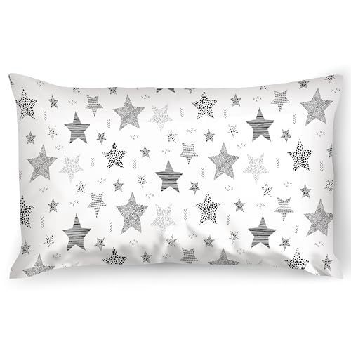 PinkZebra Kopfkissenbezug Kinder, Kissenbezug 40 x 60 cm aus 100% Baumwolle, Kissenhülle Jungen, Öko-tex Standard 100, Kinderbezüge mit Reißverschluss, Sterne Grau