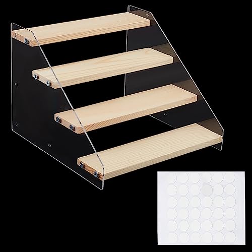nbeads 4-Stöckige Displayerhöhung Aus Klarem Acryl, Zeigen Ständer Klare Display-Regal Holz-Riser für Cupcakes Parfums Bonbons mit Ohrring Schmuck-Display, Bambusfarbe