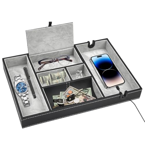 NAROSEBE Ablage Tablett Leder, Valet Tablett, Ablage Schreibtisch Schwarz, Ablageschale Büro, Schlüsselablage Leder, Schlüsselablage Leder Valet Tray Nachttisch Aufbewahrungsbox für Handy Schlüssel