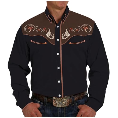 Mymyguoe Herren Western Cowboy Besticktes Hemd Schlank Langarmhemd Western Hemd Cowboy Shirts Hochzeit Party Hemd Vintage Westernhemd Retro Hemd Revers Hemd Cowboy Druck Traditionelles Hemd