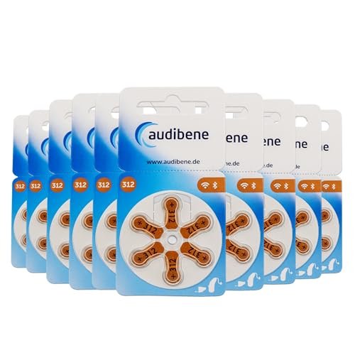 audibene Hörgerätebatterien Typ 312 braun, Batterien für Hörgeräte 60 Stück Vorratspack, Made in Germany, inkl. GRATIS Reinigungstuch, Wireless Approved, quecksilberfrei