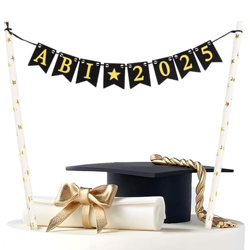 BETESSIN Tortendeko zum Abitur - ABI 2025 Cake Topper Schwarz Gold - Miniatur Kuchengirlande mit Stäbchen - Abitur 2025 Geschenke - Graduation Kuchendeko für Abi Abschlussfeiern UVM.