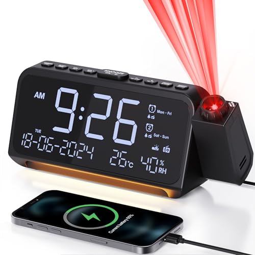 Mesqool Radiowecker mit 320° Projektor, Digitaluhr für Schlafzimmer, USB/Type-C-Anschluss, Doppelalarm mit Wochenend/Wochentagsmodus, Snooze, Dimmer, Batterie-Backup, Projektionswecker, Nachtlicht