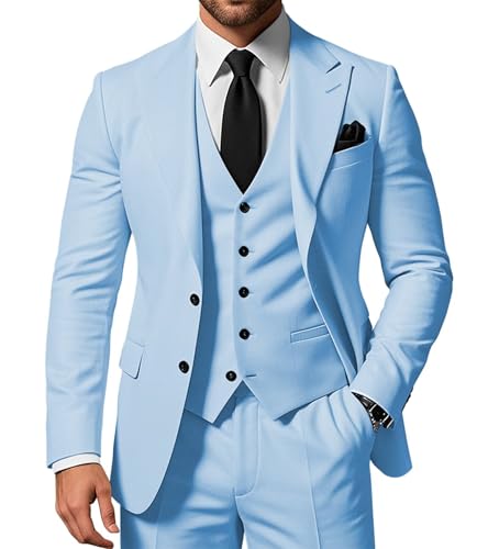 SPTALLFITJSV Herren 3-teiliger Anzug Slim Fit Peak Lapel 2-Knopf Blazer Jacke Weste Hose Set Hochzeit Business Abiball Party Anzug, Hell, blau, L