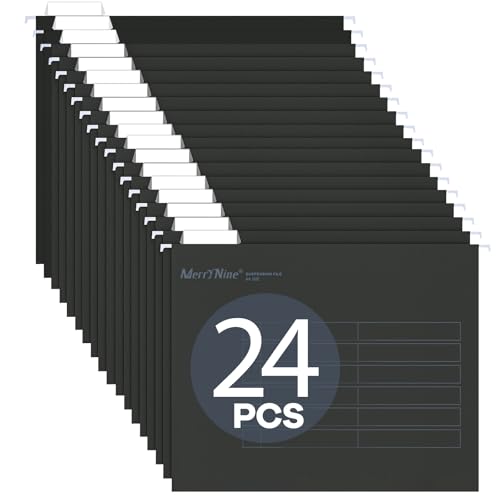 MerryNine A4-Hängemappen, 24 Stück, Aktenschrank, Hängemappen mit Registern und Karteneinsätzen, für Schule, Zuhause, Arbeit, Büro, Organisation (Schwarz, A4)