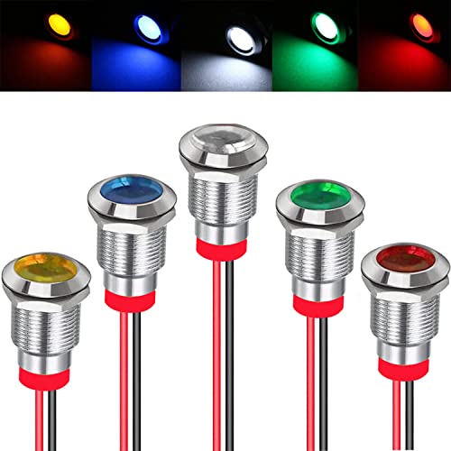 RUNCCI-YUN 5 Stück 12V-24V 12mm 1/2" LED Metall Kontrollleuchte wasserdichte Signallampe LED Panel installation kontrollleuchte(Grün×1 gelb×1 Rot×1 Blau×1 Weiß×1)