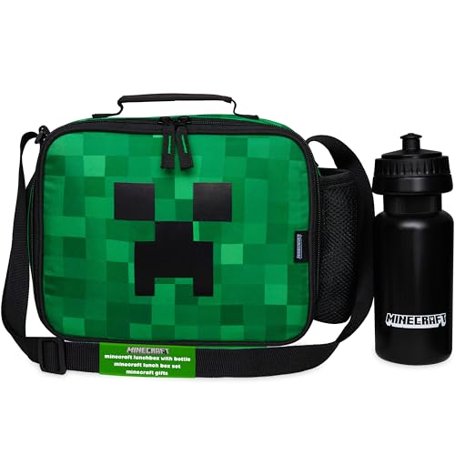 Minecraft Lunchtasche Kinder oder Set mit Trinkflasche Isolierte Creeper Kühltasche für Lunchbox und Snacks für Schule Alltag Urlaub Gamer Geschenk (Grün)