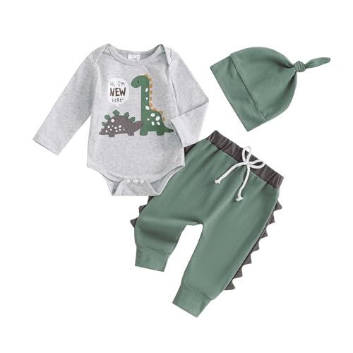 Hello Im New Here Neugeborene Baby Junge Kleidung Set Dinosaurier Druck Langarm Body und Hose Baumwolle Babykleidung Set Herbst Winter Bekleidungssets für Baby Jungen Outfits (Grau, 0-3 Monate)