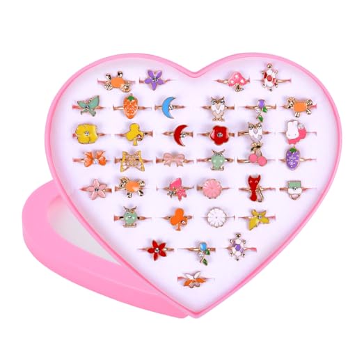 OSDUE Kinderringe Set, 36 Stück Einstellbare Ringe für Mädchen, Keine Vervielfältigung, Kindergeburtstag, Baby, Teenager, Partybevorzugung, Spielschmuck