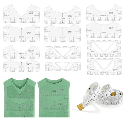 12 Stücke T-Shirt Ausrichtungslineal Schablonen-Lineal T-Shirt Zentrierung Werkzeug DIY T-Shirts Ausrichtlineale PVC Guide Anleitung Lineal zum Nähen Gestalten von V-Ausschnitt und Rundhalsausschnitt