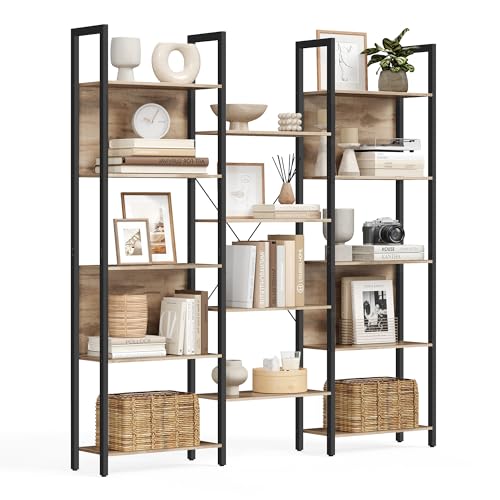 VASAGLE Bücherregal, Standregal mit 14 Ablagen, Regal mit Metallrahmen, für Wohnzimmer, Arbeitszimmer, Büro, Industrie-Design, 24 x 158 x 166 cm, Kamelbraun-tintenschwarz LLS107K01
