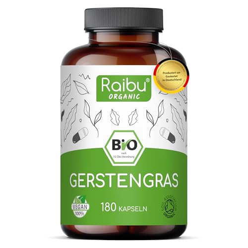 Raibu BIO Gerstengras Kapseln - 3600 mg pro Tagesdosis - ökologischer Anbau - 180 Kapseln - Hochdosiert, Vegan, laborgeprüft & zertifiziert Bio - in Deutschland produziert