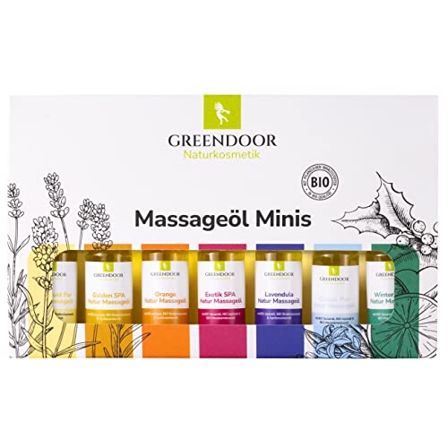 GREENDOOR Massageöl TESTER Set 175ml / 7 x 25ml veganes Massage Öl Sortiment Minis, 100% Natur, natürliches bestes Massage-Erlebnis, reine Naturkosmetik BIO Öle, Weihnachten Geschenke Probierset