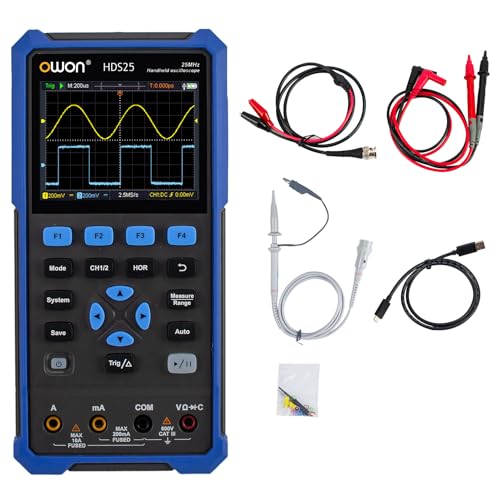 OWON HDS25 2 in 1 Hand-Multifunktions Digitaloszilloskop, tragbares 2-Kanal-Digitaloszilloskop mit 25 MHz Bandbreite, 20000 Zähl Multimeter, mit USB Typ C und 3,5 Zoll LCD Display