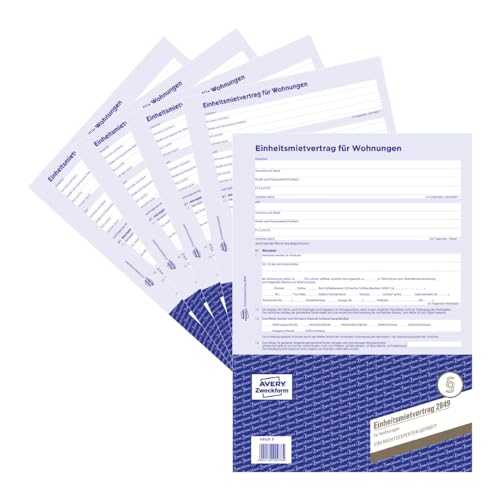 AVERY Zweckform 2849-5 Mietvertrag für Wohnungen (Einheitsmietvertrag, 4-seitiges Formular im A4 Bogenformat) 5 Stück, blau