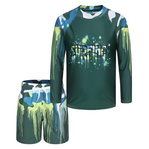 UV Schwimmshirt Jungen 2-teiliges Langarm Badeshirt Mit Kinder Boardshorts Jungen UV Shutz Badeanzug Set 134 140/9-10 Jahre