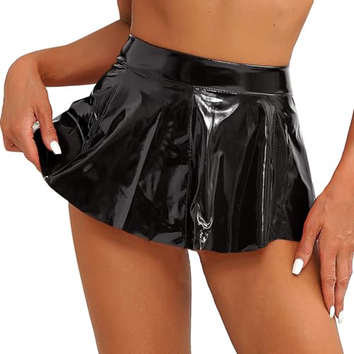 Manyakai Lack Leder Rock Damen Sexy A Linien Minirock Stretch Kurz Glanz Minirock Faltenrock Gogo Tanz Rave Outfits Schwarz M
