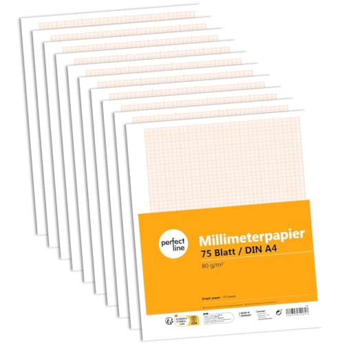 perfect line - 75 Blatt Millimeterpapier - Rasterlinien in Rot - Linienabstände 1/5/10 mm für technische Zeichnungen - lose Blätter, kein Block - Made in Germany