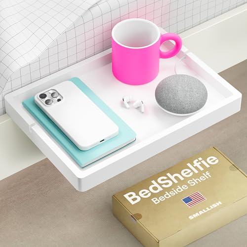 BedShelfie Bedside Shelf for Bunk Bed & Top Bunk, College Dorm Room Essentials, Loft Nightstand, Floating Bed Side Table Tray Storage, Dorm Room Decor by Smallish - (Flexfit Model, White)