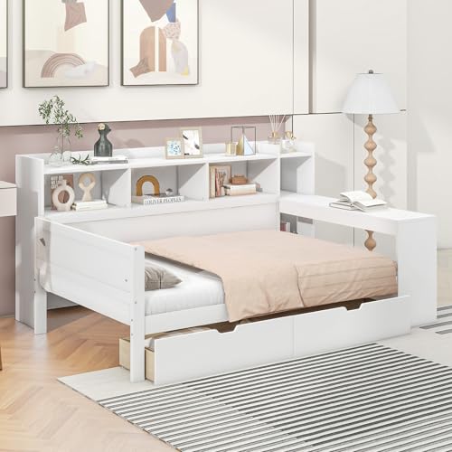 Dalred 90x200 cm Schlafsofa, Tagesbett, Nachttischablage und Untertischablage, Bett mit Steckdose und USB-Anschluss, 2 Schubladen, Schreibtisch, ohne Matratze, Spanplatte (Weiß)