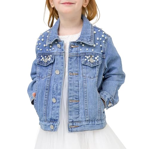 Miipat Kleinkind Mädchen Jeansjacke Langarm Perle Dekorieren Knopfleiste Kinder Jeansmantel Baby Mädchen Patch Jeansjacke Lässig Mäntel 110 4-5 Jahre