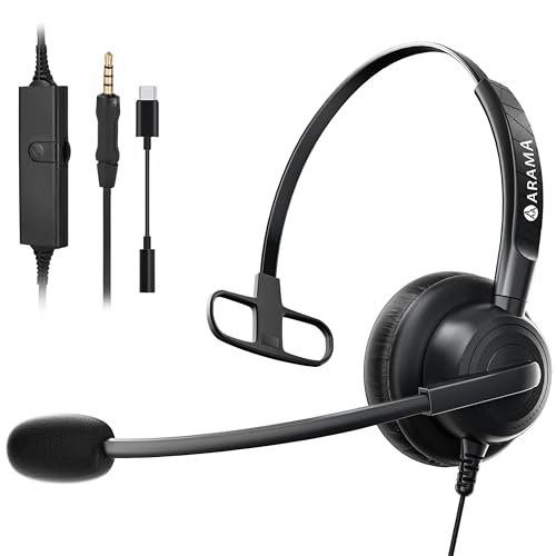 Arama 3,5mm Klinke Headset Handy, PC Kopfhörer mit Mikrofon Noise Cancelling für Fritzfon c6 c5 iPhone Samsung Laptop Tablet Computer Business Call Center Home Office Skype Zoom Meetings, Komfort Fit